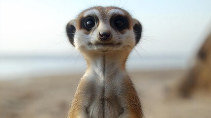 A close-up of a meerkat with a curious expression against a beach backdrop.