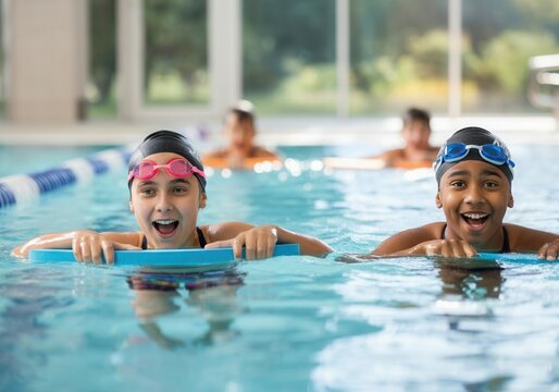 Two young multiracial kids enjoying their swimming lesson in an indoor pool, using a kickboard for support