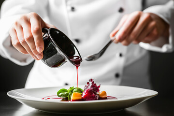 A chef elegantly pouring red wine sauce onto a gourmet dish on a plate, with a blurred kitchen background. Fine dining and culinary art concept.