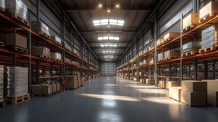 A spacious warehouse interior with shelves stacked high with boxes and pallets.