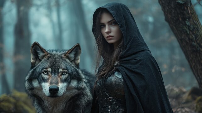 A female warrior knight wearing a dark hooded cloak stood in a misty forest accompanied by a wolf background wallpaper AI generated image