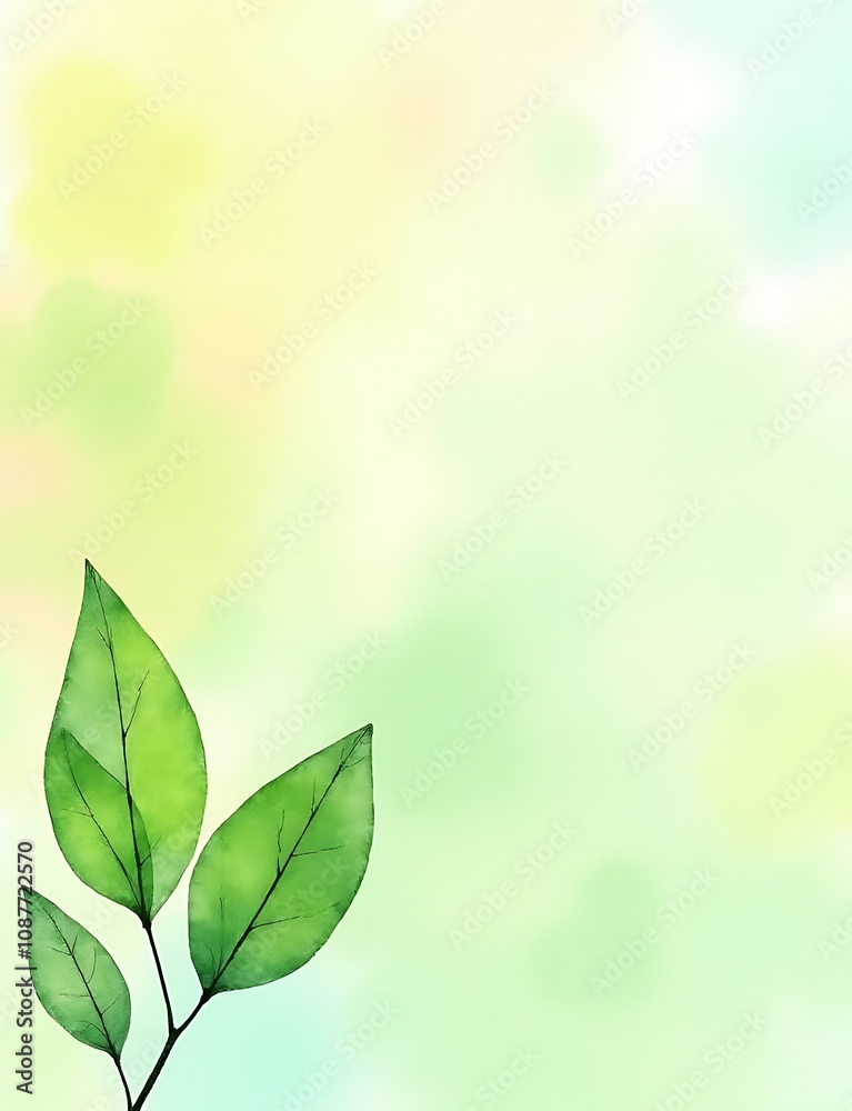 Aufkleber A delicate transparent leaf background features watercolor leaves in various greens, set against a colorful pattern creating an abstract design.