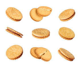 Set of round crispy cookies close up isolated on a white background