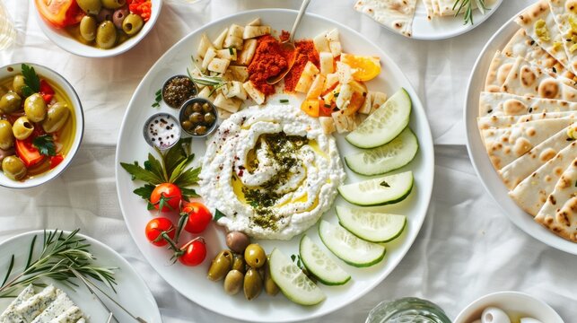 A mouthwatering Mediterranean mezze platter with hummus, tzatziki
