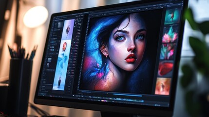 The monitor screen display editing software for a woman face with detailed technology advertising promotion concept background wallpaper AI generated image