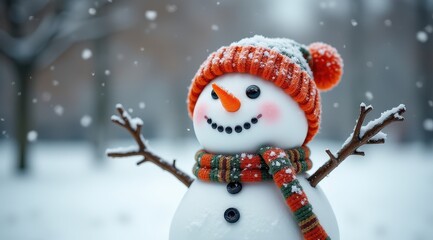 Cheerful snowman wearing a red hat and scarf standing in a snowy winter forest