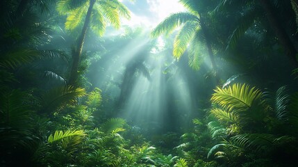 Obraz premium Lush tropical forest with sunlight filtering through dense foliage.
