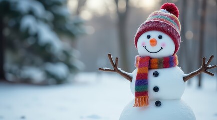 Fototapeta premium Cheerful snowman wearing a red hat and scarf standing in a snowy winter forest