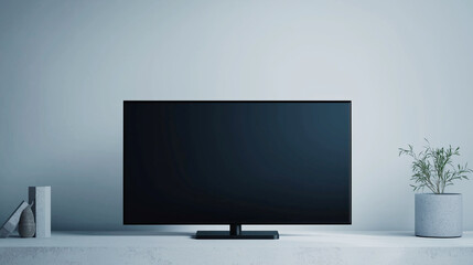 Modern black TV set on a white cabinet in a minimalist living room. Perfect for copy space or entertainment-related concepts in a home environment.