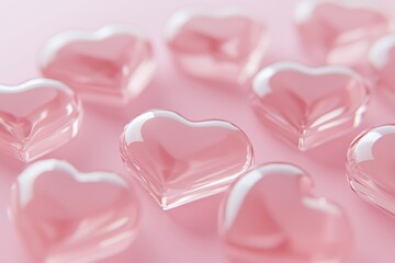 Obraz premium Pink glass hearts on a white background, a Valentine's Day theme with a pink color scheme, celebration and romantic concept, valentine`s day, copy space for text 
