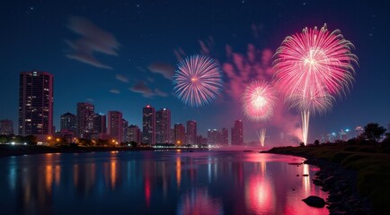 Obraz premium Bright red and gold fireworks illuminate the night sky over a cityscape, celebrating the New Year
