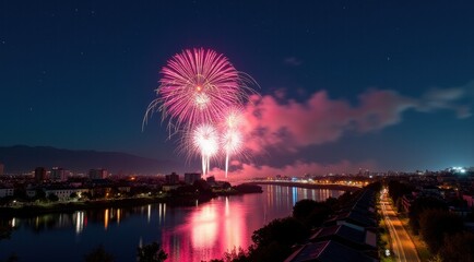Bright red and gold fireworks illuminate the night sky over a cityscape, celebrating the New Year