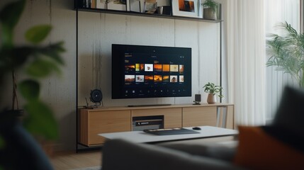 The interior desktop of the family room concept with a television and other decorations looks modern background wallpaper AI generated image