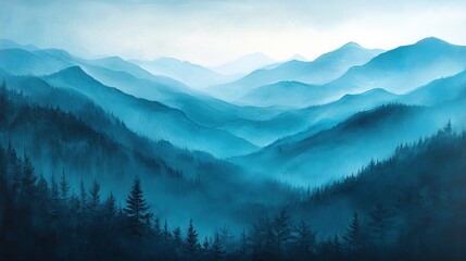 Obraz premium A serene landscape of misty blue mountains and dense forests, evoking tranquility and nature.