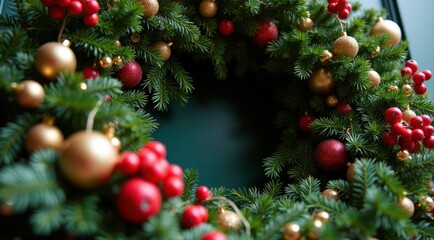 Festive Christmas wreath with red bow, pinecones, and berries hanging on a green door