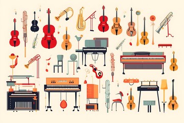 Vector illustration set of 50 musical instruments in cartoon style isolated on white background Retro musical instruments set realistic design Music instruments, musical notes and equipment A variety 