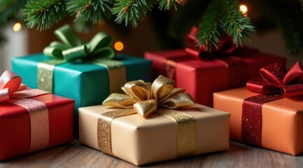 Colorful gift boxes with shiny ribbon bows rest under a green Christmas tree branch, illuminated by warm holiday lights