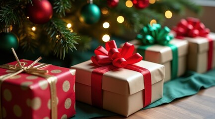 Fototapeta premium Festive Christmas gifts with vibrant bows are arranged under a beautifully decorated tree, capturing the warmth and joy of the holiday season