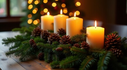 Four glowing candles nestled in a lush evergreen and pinecone centerpiece create a warm, inviting holiday ambiance, enhanced by the soft bokeh of festive lights in the background