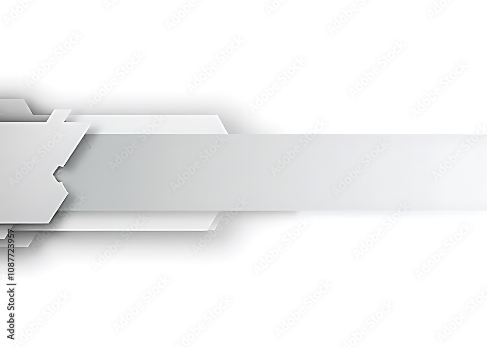 Poster A futuristic tech design featuring a gray and white abstract banner with layered elements and subtle shadows against a clean white background.