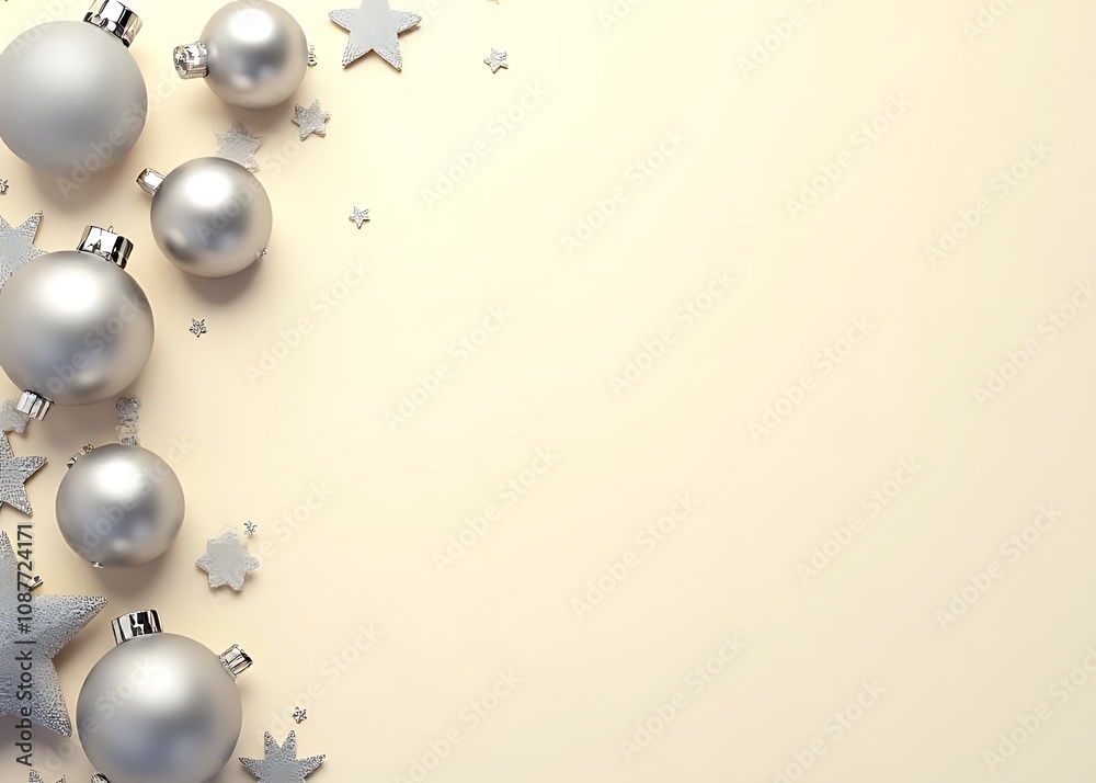 Poster a horizontal christmas banner features silver elements against a beige background with ample copy sp