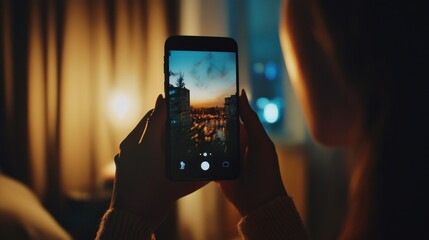 Naklejka premium A woman is hold and looking at a smartphone screen in the room at night background wallpaper AI generated image