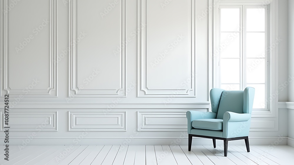 Poster a light gray room features a pastel blue chair and classic wall panels in front of a large window wi
