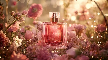 A Glass Bottle of Perfume Resting in Pink Flowers