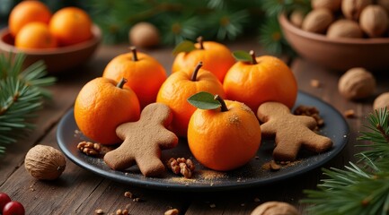 Festive plate with fresh tangerines and gingerbread cookies, surrounded by nuts and pine branches on a rustic wooden table
