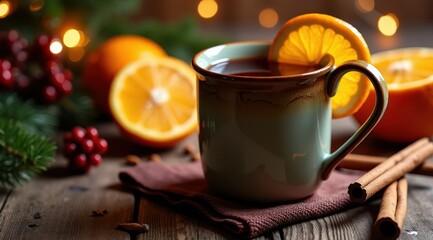 Fototapeta premium A rustic ceramic mug filled with hot spiced tea garnished with orange slices, surrounded by cinnamon sticks and festive decorations on a wooden table