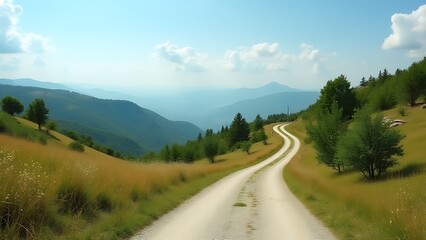 Fototapeta premium A narrow rural road winds through grassy hills and scattered trees under a blue sky in the village of Dolovi.
