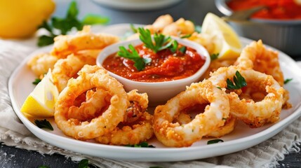 A mouthwatering plate of crispy calamari rings served with a zesty marinara dipping sauce and lemon wedges, Calamari plate centered