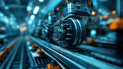 Fototapeta premium Close-up of automated assembly line in factory with robotic machinery and mechanical components in focus, highlighting industrial manufacturing technology and precision engineering.