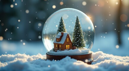 Fototapeta premium Magical snow globe featuring a cozy winter village with glowing lights and snow-covered trees