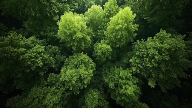 Aerial view of lush green forest canopy with densely packed trees, showcasing vibrant foliage from a top-down perspective.