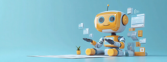 Character interacts with artificial intelligence tools while managing tasks and checklists in a modern workspace during daylight