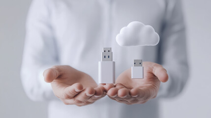 Consultant presenting data storage solutions with usb drive and cloud concept for digital security