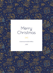 Merry Christmas and Happy Holidays cards with New Year gifts, presents, snowflakes, floral frames and backgrounds design. Modern universal artistic templates. Vector illustration in linear style