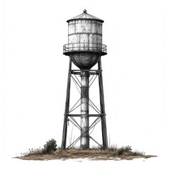 A tall, metal water tower standing on a grassy area, designed for water storage.