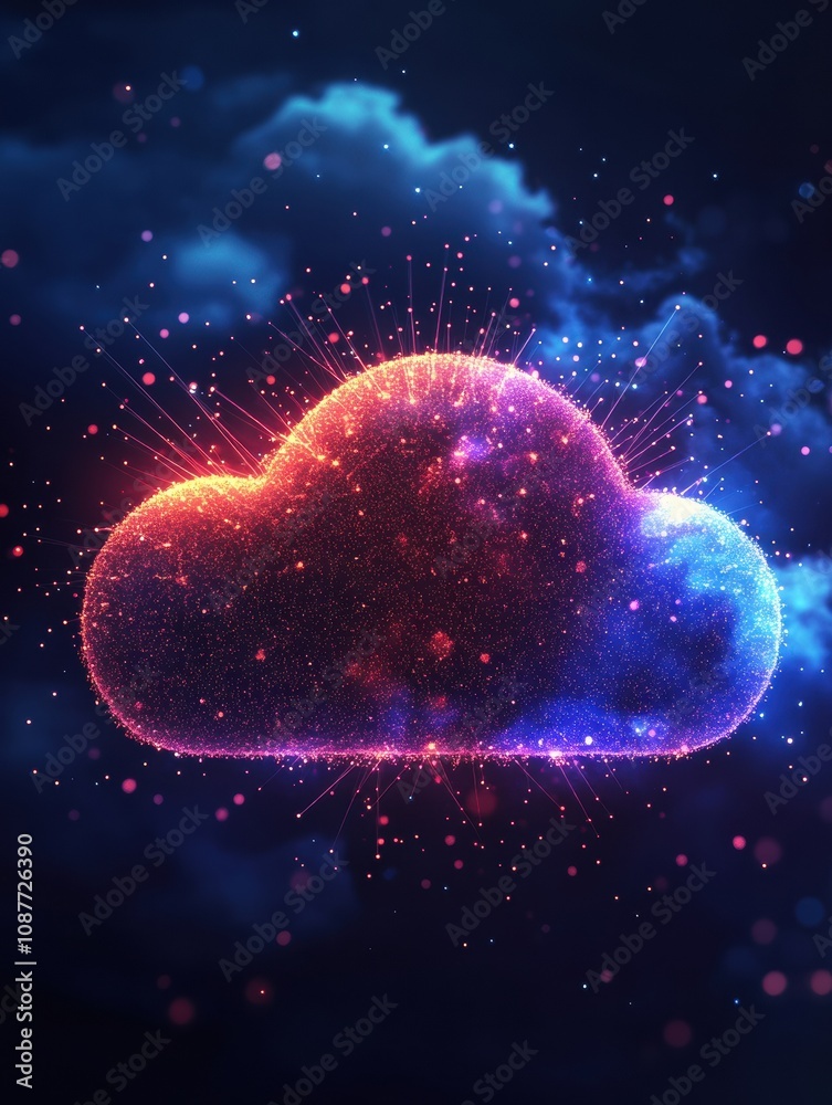 Aufkleber A vibrant cloud icon with glowing particles and swirling colors appears in a dark sky, representing digital storage in a creative way. Generative AI