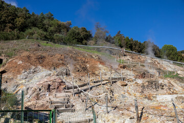 Geysers also known as "soffioni boraciferi" with sulphurous steams used to produce geothermal energy, in the nature park of the Biancane, Monterotondo Marittimo, near Larderello, Tuscany, Italy