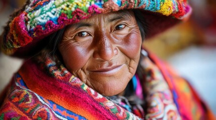 Fototapeta premium A close-up portrait of a smiling woman in traditional colorful attire.