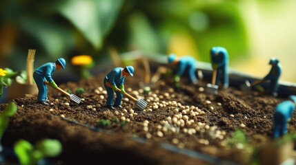 Miniature workers planting a large garden, with tools and seeds scattered around, highlighting the teamwork involved in cultivating growth and ideas.