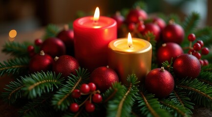 Red Christmas candles surrounded by festive greenery and berries for a warm holiday feel