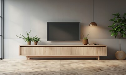 Simple minimal cabinet for tv interior wall mockup, Generative AI
