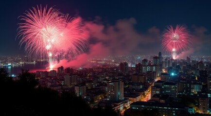 Bright red and gold fireworks illuminate the night sky over a cityscape, celebrating the New Year