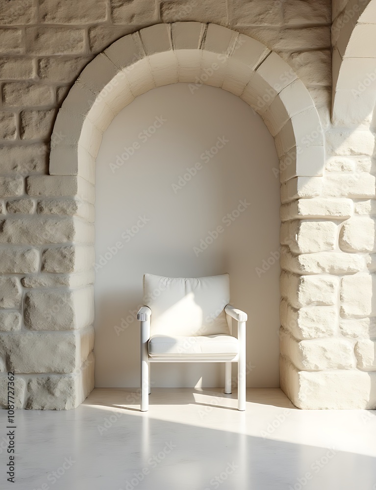 Poster a simple white chair sits in front of rustic stone walls, surrounded by a minimalist modern room wit