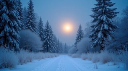Obraz premium Snow-covered landscape with tall pines and a glowing full moon on a serene winter night