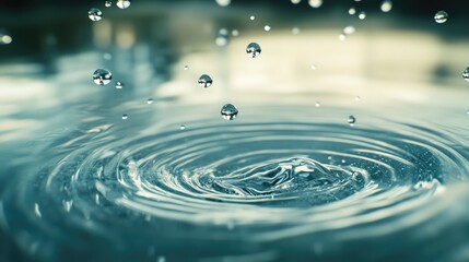 Raindrops falling onto a clear surface of water, each drop forming tiny waves that blend with others, a visual metaphor for interconnected ideas.