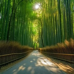 Serene Bamboo Village Street Lined with Traditional Homes in Nature